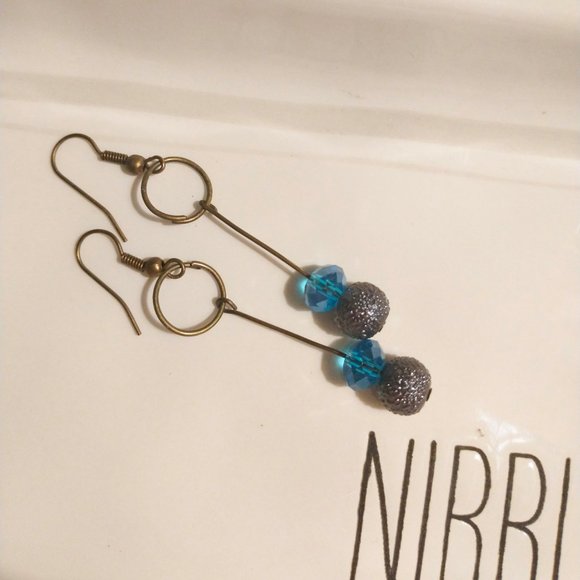 Handmande Drop Earrings - Blue glass, textured grey faux pearl - Picture 3 of 4